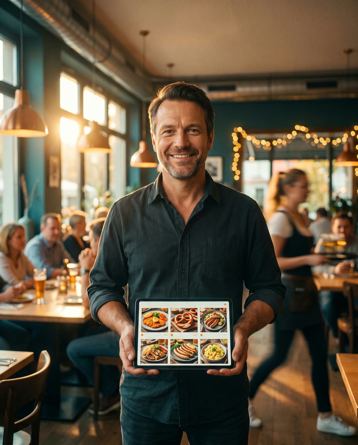 Gastronom mit dem Bistrio-Bestellsystem auf dem Tablet in seinem Restaurant