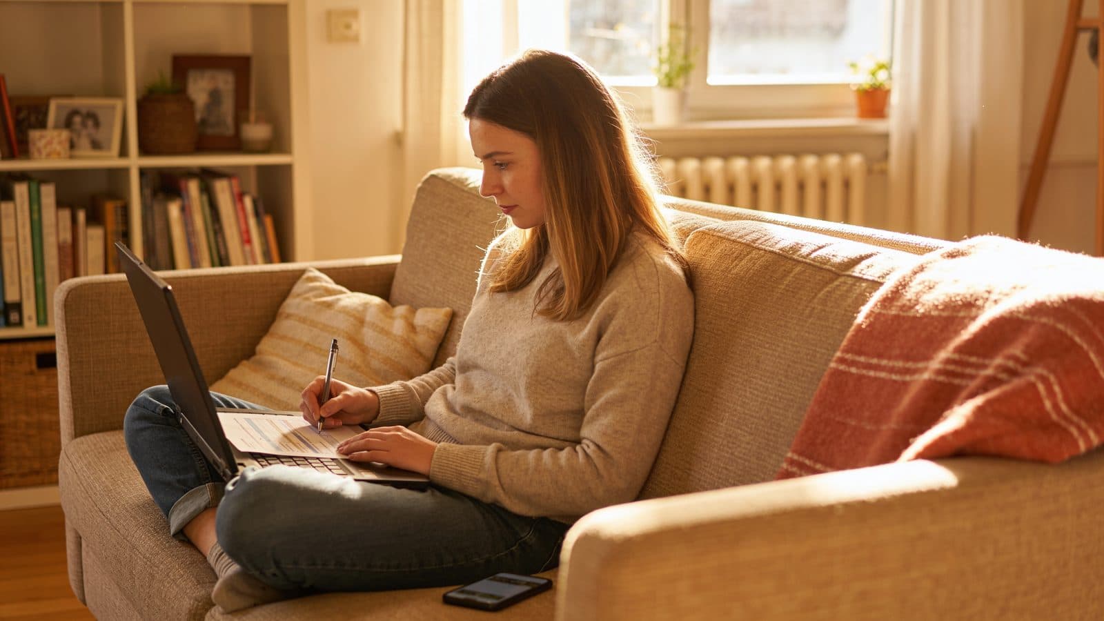 Junge Frau sitzt auf dem Sofa und füllt am Laptop ein Formular aus, das Handy liegt daneben