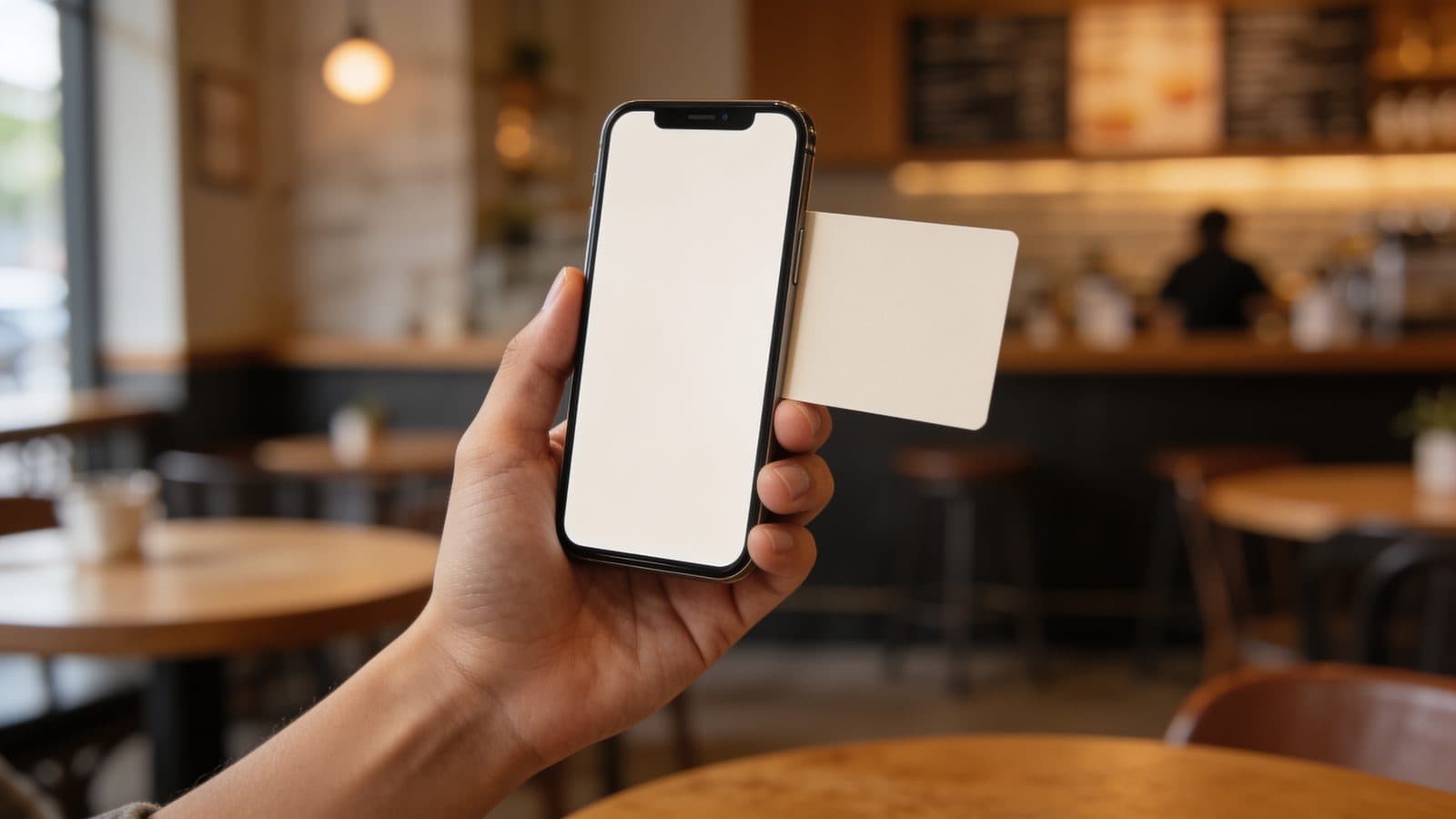 Hand hält ein Smartphone, auf dem eine helle Karte zu sehen ist, dahinter unscharf ein Café