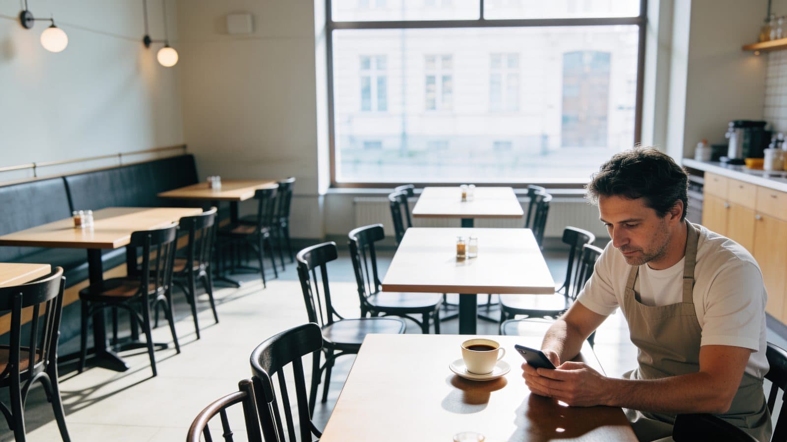 Gastronom in Schürze sitzt vor der Öffnung allein an einem Tisch seines Restaurants und schaut mit einem Kaffee auf sein Handy