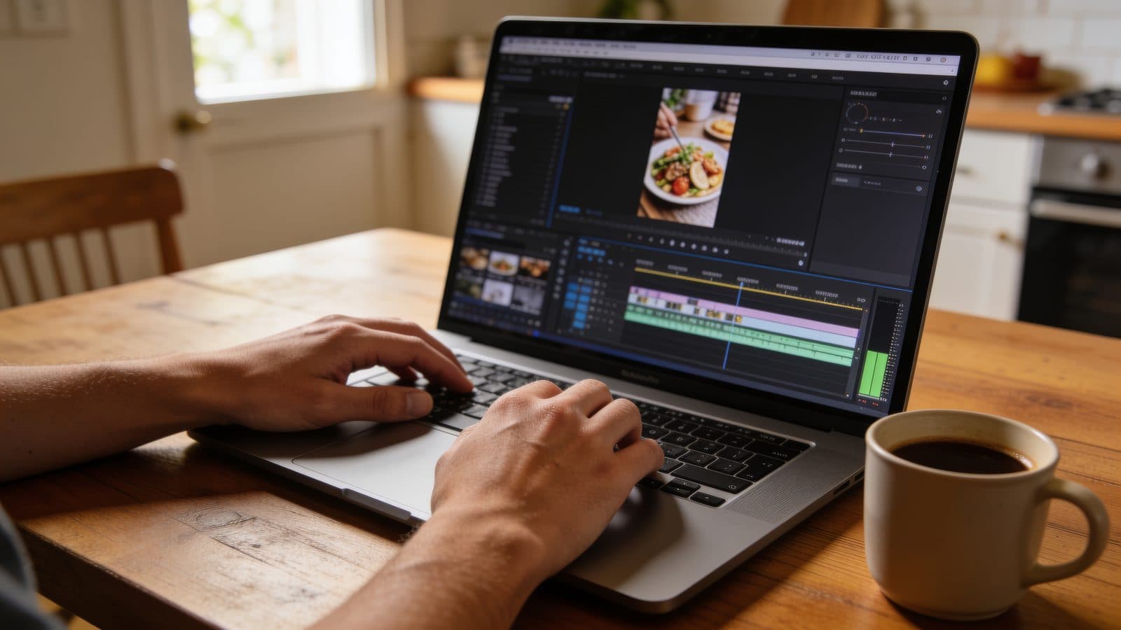 Hände schneiden am Laptop ein hochkant gedrehtes Video, daneben eine Kaffeetasse