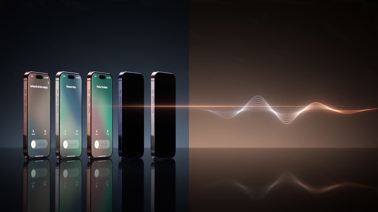 Mehrere Smartphones klingeln gleichzeitig auf einem Tresen, dahinter eine leuchtende Sprachwellen-Grafik
