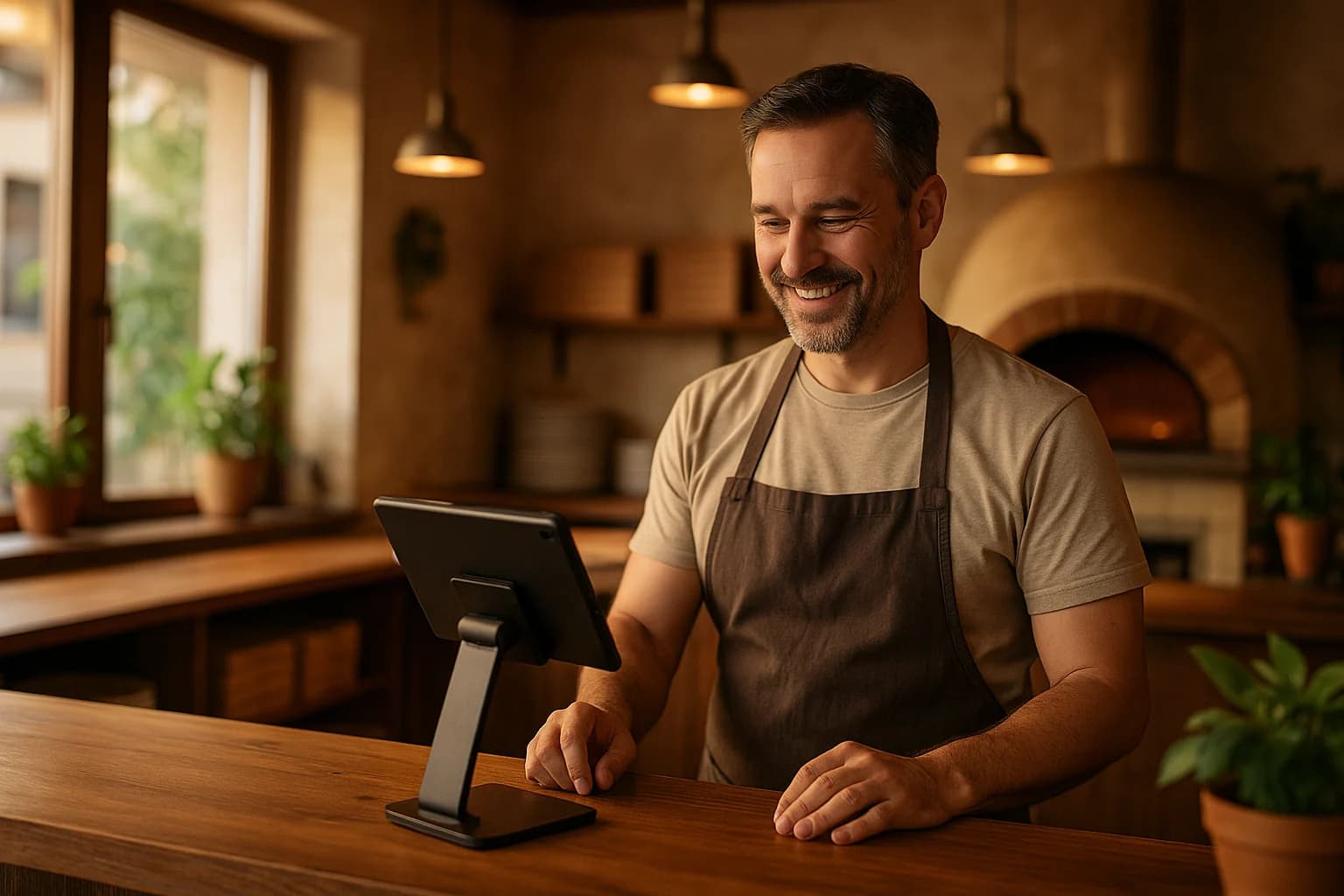 Gastronom nimmt eine Bestellung auf dem Tablet an