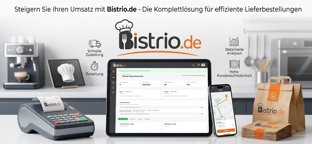 Lieferdienst Bestellsystem im Einsatz: Tablet mit offenen Bestellungen an der Ausgabe, daneben packt ein Fahrer die Warmhaltetasche