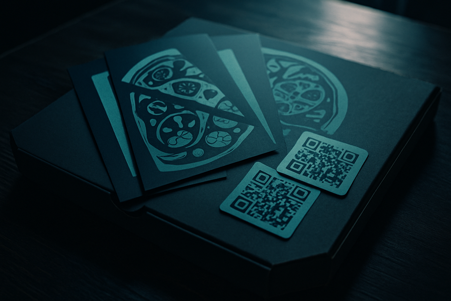 Flyer und QR-Aufkleber auf einem Pizzakarton