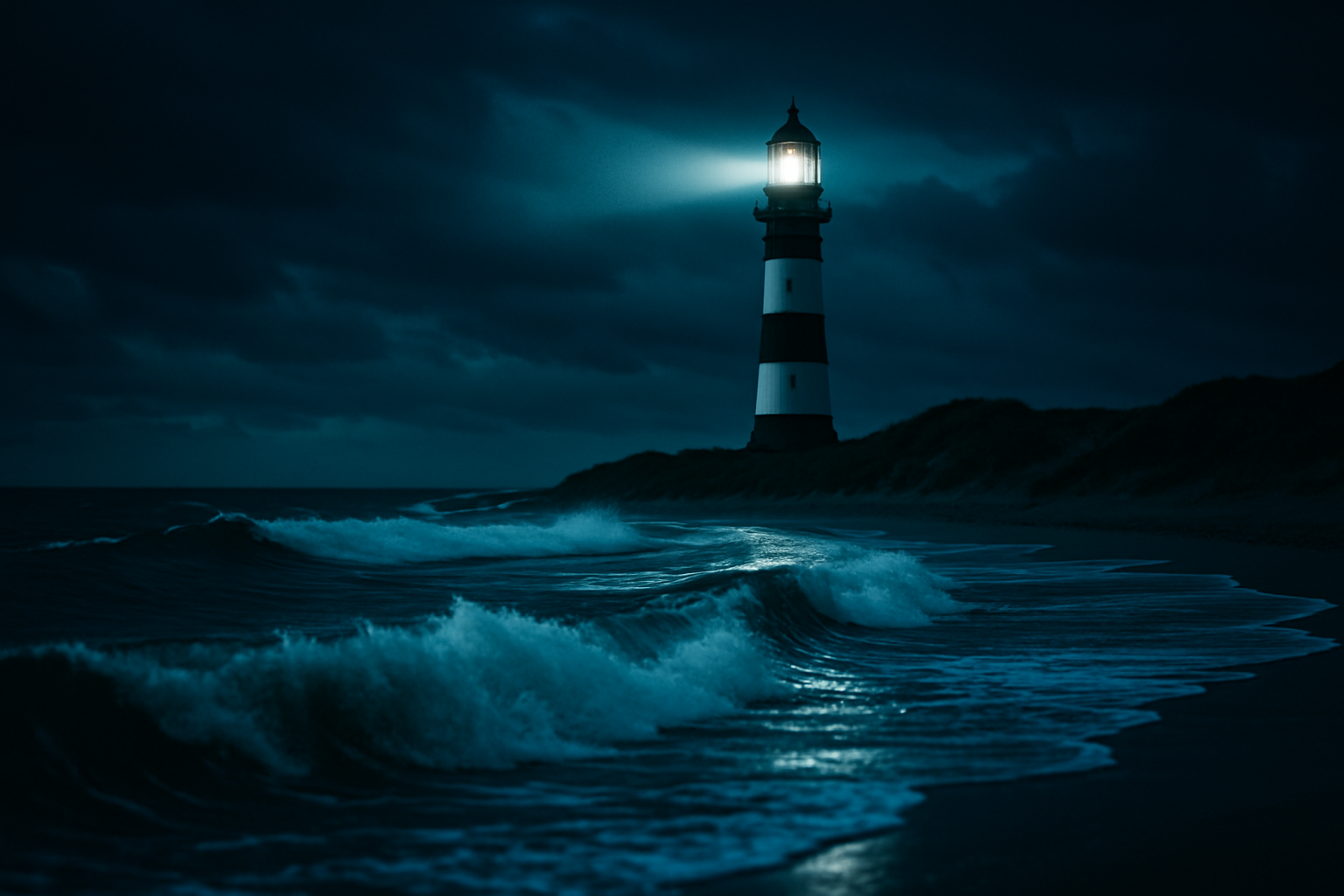 Leuchtturm an der Nordseeküste zur blauen Stunde