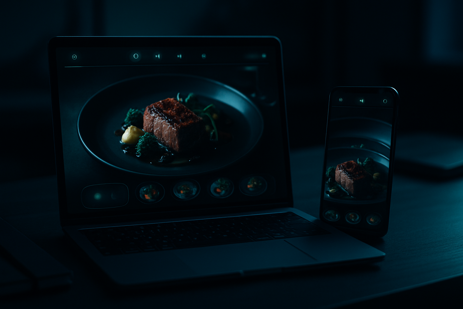 Laptop und Smartphone mit einer dunklen Restaurant-Website